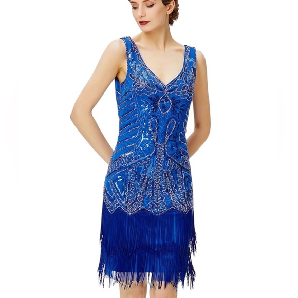BABEYOND Blue Flapper Dress 1920s V Neck Beaded Fringed Great Gatsby Sz L - Picture 1 of 9